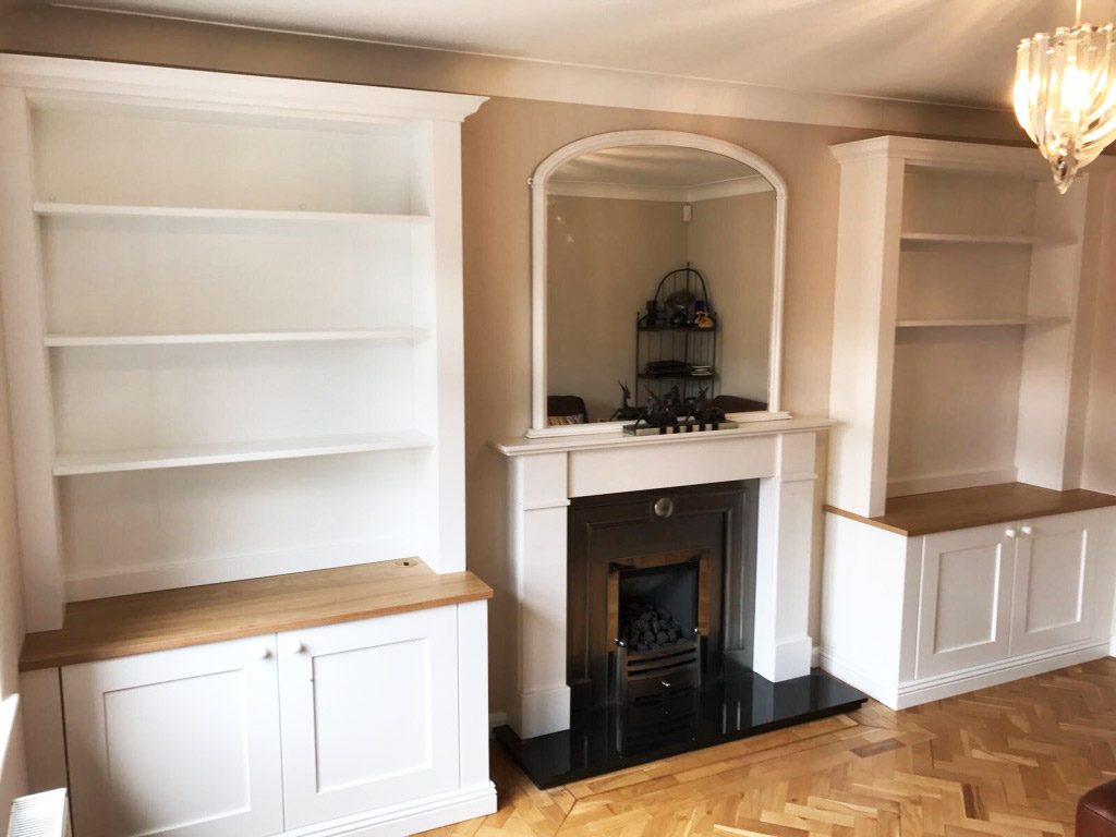 white and natural wood fitted alcove storage
